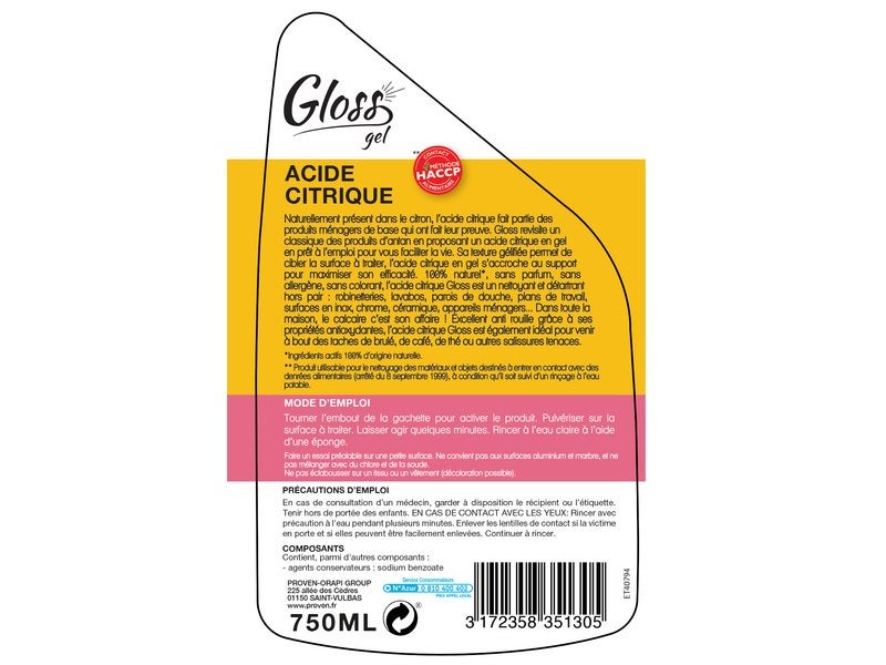 Gel WC naturel - Vinaigre et acide citrique - 750 ml - GLOSS