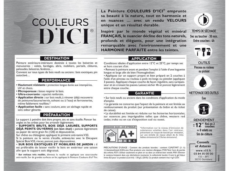 Peinture bois extérieur Couleurs d'ici® V33, noir ombré velours 2 l -  Peintures teintures et solvants - Achat & prix