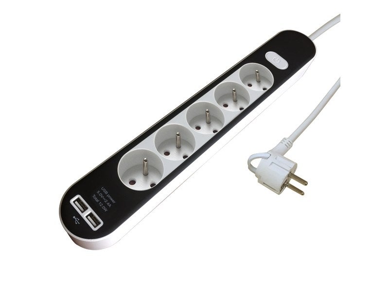 Multiprise USB filaire, 5 prises + 2 USB-A blanc et noir, 1.5M