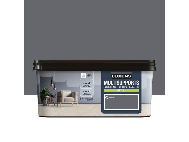 Peinture satiné mur, boiserie et radiateur, LUXENS Granit 3, gris, 2.5  litres